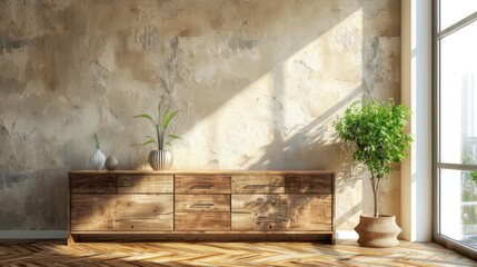 Rustic Interior Design with Wooden Cabinet and Plants