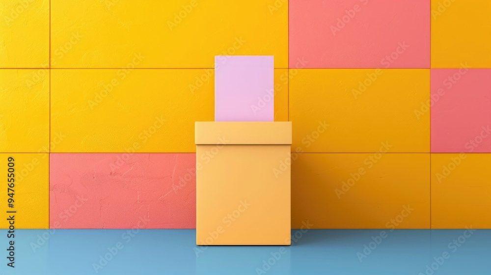 Poster striking geometric composition featuring an arrangement of vibrant cubes rectangles and squares in a