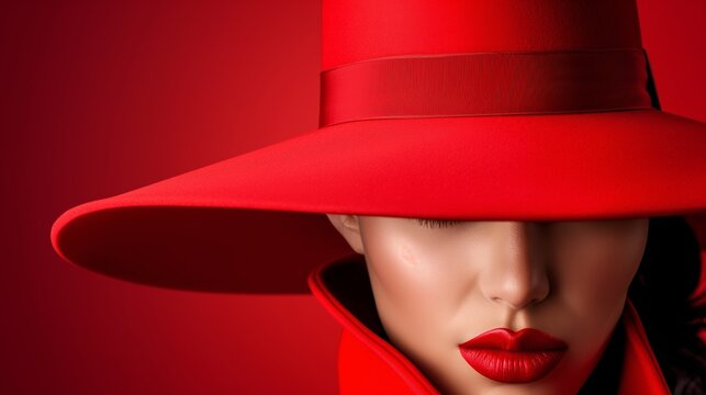 A woman wearing a red hat and red lipstick