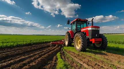 Obraz premium Red Tractor Plowing a Field with a Blue Sky and White Clouds