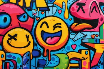 Emojis intertwined with abstract graffiti elements, creating an urban art vibe,