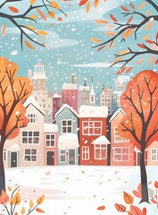Winter Scene with Snow Covered Houses and Trees