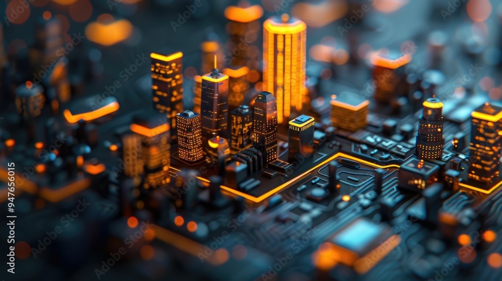 Poster futuristic night cityscape of a 5g smart city with interconnected illuminated skyscrapers modern arc