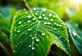 close view lush green foliage covered sparkling dew under bright sunlight showcasing beauty detail, greenery, leaf, drops, sparkle, glisten, texture, vibrant