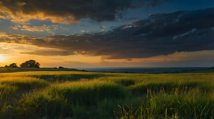Fototapeta premium Sunset Over Green Grassy Field with Dramatic Clouds