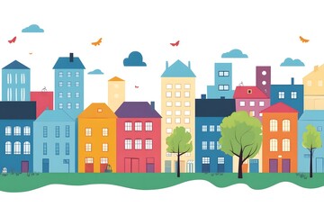 Colorful Cityscape Illustration With Green Trees and Blue Sky