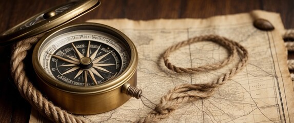 Vintage Brass Compass on an Antique Map with Rope