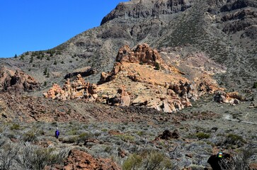 Scenic view of volcanic rock formations in desert during sunny day, Teide National Park, Tenerife