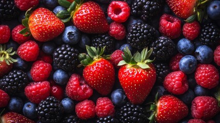 Fototapeta premium Assorted Fresh Berries: Strawberries, Raspberries, Blueberries and Blackberries. Berry background