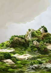 Green Mossy Landscape With Rocks