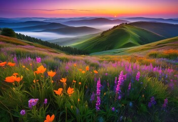 Obraz premium stunning dawn illuminating vibrant colors nature lush brilliant rich flora, sunrise, morning, hues, landscapes, skies, sunlight, illumination, beauty