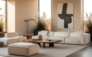 Natural wood coffee table near white corner sofa against wooden paneling wall. Minimalist interior design of modern living room.