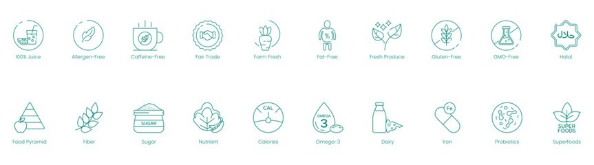 Healthy Lifestyle and Quality Icons: 100% Juice, Allergen-Free, Caffeine-Free, Fair Trade, Farm Fresh, Fat-Free, Fresh Produce, Gluten-Free, GMO-Free, Halal, Food Pyramid, Fiber, Sugar, Nutrient