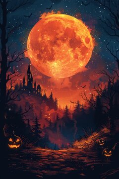 A digital illustration of a spooky Halloween night featuring a fiery full moon, a silhouetted castle, and pumpkins in the foreground