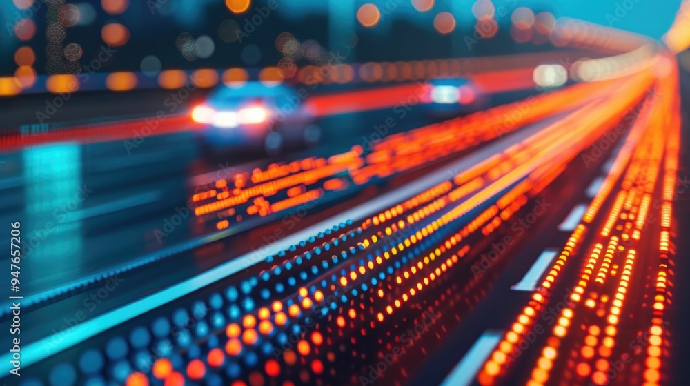 Poster autonomous vehicle communication and data exchange using high speed 5g technology at night on the ro