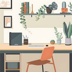 Minimalist Home Office Workspace With Plants Illustration