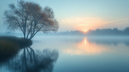 Misty Morning Sunrise Over a Calm Lake