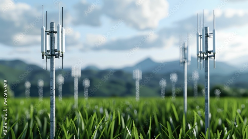 Poster futuristic 5g infrastructure development project with advanced cellular network towers and antennas 