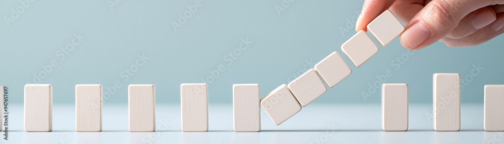 Poster a set of dominoes lined up with labels for various startup risks and rewards, where a hand is about 
