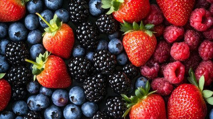 Fototapeta premium Assorted Fresh Berries: Strawberries, Raspberries, Blueberries and Blackberries. Berry background