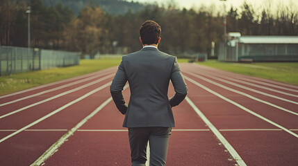 Back view of businessman running on a running track. Generative AI illustration