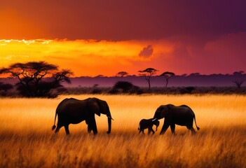 stunning silhouettes wildlife set vibrant savanna sunset rich colors breathtaking natural beauty, africa, animal, nature, landscape, sky, light, gradient