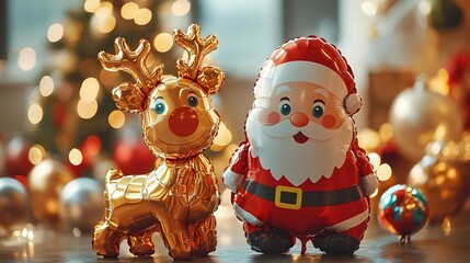 Shiny Holiday Balloons of Santa and Reindeer Creating a Playful Christmas Scene