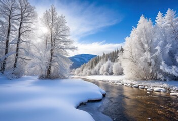 Fototapeta premium stunning winter wonderland featuring snow covered trees picturesque landscape, arctic, atmosphere, beauty, branches, canvas, climate, clear, crisp, daytime