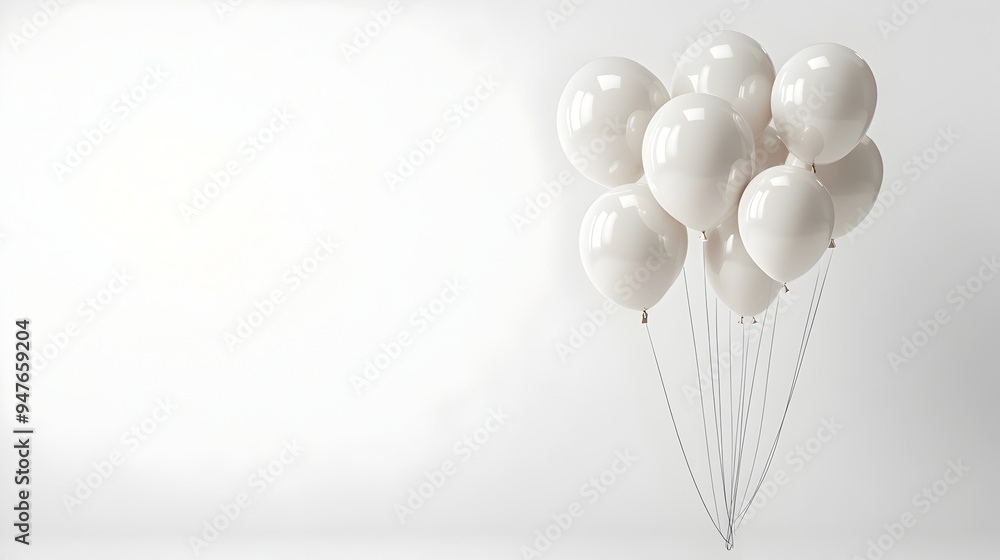 Poster Clean White Background with Assorted Floating Balloons for Elegant Decor and