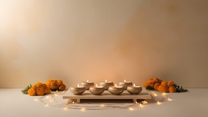 Festive diwali setup with lit diyas and warm lighting with marigold flowers, simple background