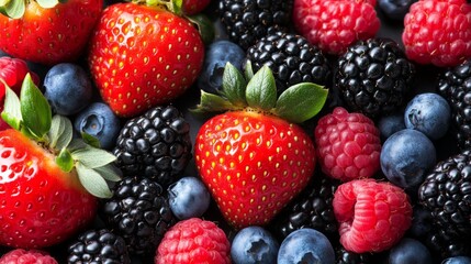 Assorted Fresh Berries: Strawberries, Raspberries, Blueberries and Blackberries. Berry background
