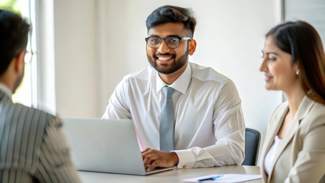 An Indian office worker participating in a financial planning meeting.
