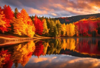 Obraz premium vibrant fall foliage reflected serene lake surrounded colorful trees scenic nature landscape, autumn, reflection, scenery, water, beauty, tranquil, seasonal