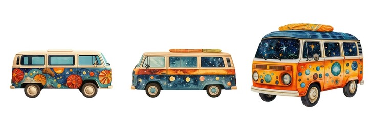Set Boho Decor, Colorful vintage vans with cosmic designs in a fun and artistic style, perfect for travel and adventure themes., Isolate white background set