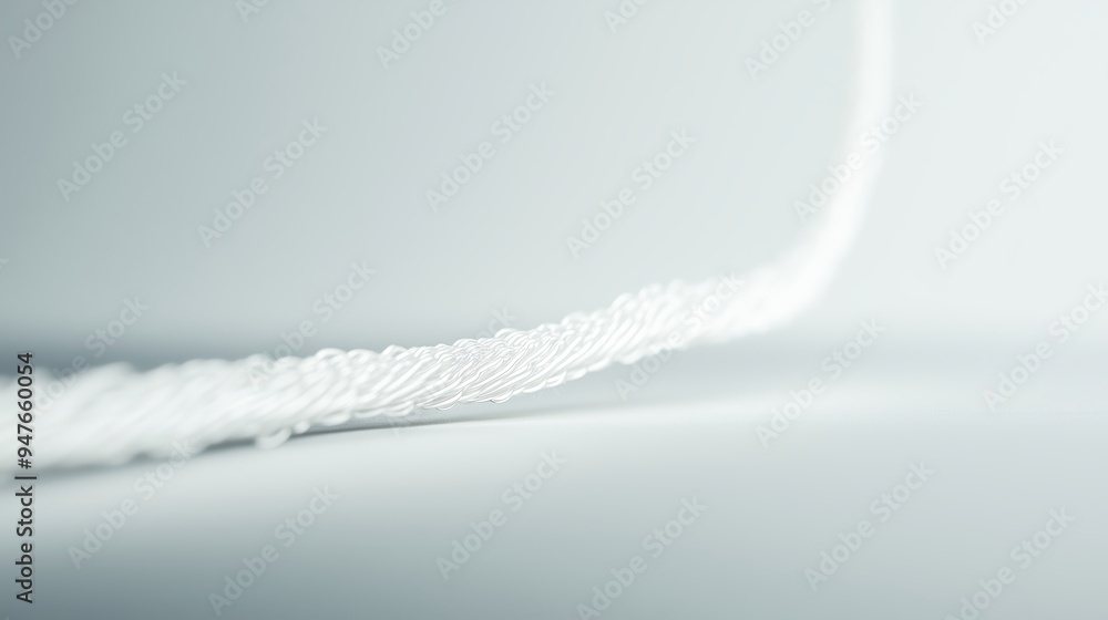 Wall mural A close-up of a slender white rope lying on a smooth surface in soft, diffused light highlighting its texture and form