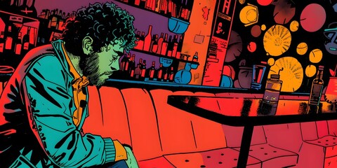Man Sitting Alone at Bar with Colorful Illustration Style