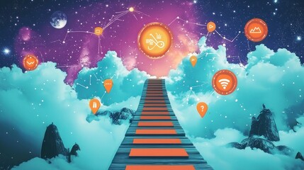 Obraz premium A futuristic cityscape showing a global network of technology and business connectionsGraphic depicting the journey of a small business from concept to reality, highlighting key milestones and challen