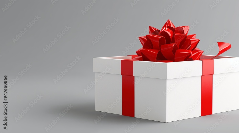 Poster a white box with a red bow on top. the image is a gift box. white color open gift box with red bow