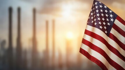 Waving American flag with soft focus industrial background, patriotic Labor Day