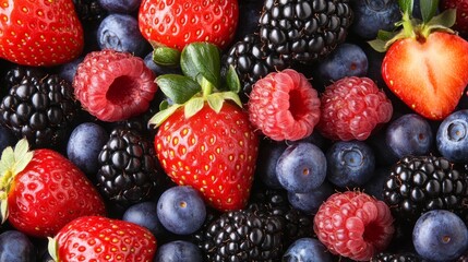 Assorted Fresh Berries: Strawberries, Raspberries, Blueberries and Blackberries. Berry background