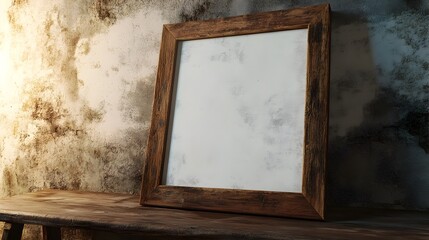Weathered Wooden Frame against Rustic Concrete Wall on Bench in Soft Ambient Light