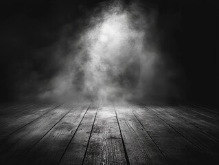 Low Angle Perspective of a Black Wooden Floor with Dramatic Lighting and Fog