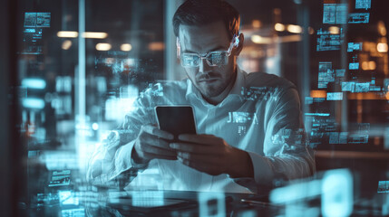 A focused businessman in glasses uses a smartphone while working late at night, with digital data and code overlays reflecting on the glass window behind him.