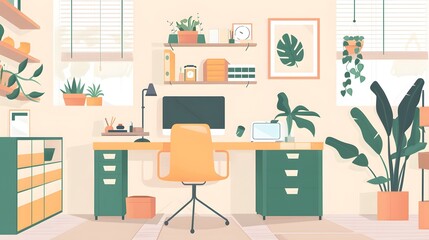 Minimalist Home Office with Desk and Plants