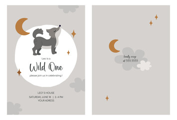 Baby wolf invitation printable template. Child greeting with wild forest animal. Vector nursery flat illustration. © DigARTbyHavroshka