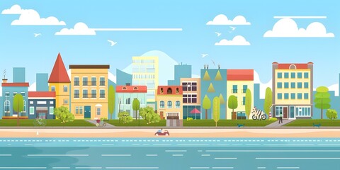 Cartoon Illustration of a Cityscape with Buildings, Trees, and a River