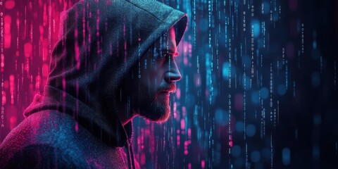 A man in a hoodie is standing in front of a wall of lights