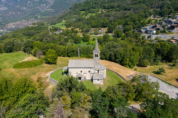 Aerial view of the church of San Maurizio di Moron located in Saint Vincent in the Aosta Valley...