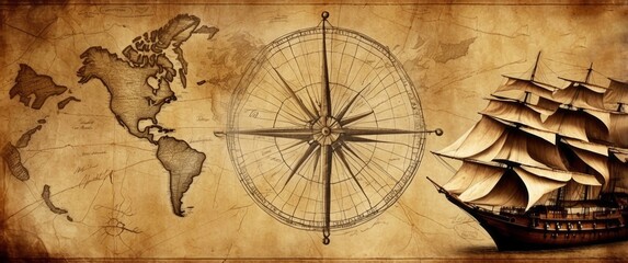 An Old World Map, Compass, and Sailing Ship