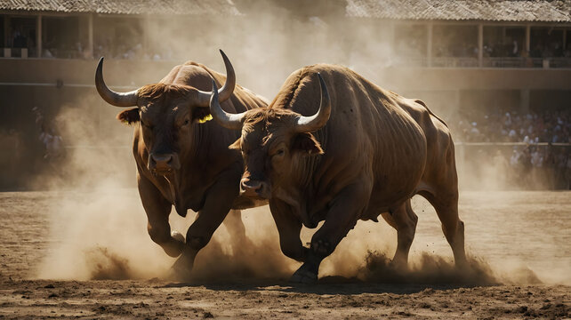 Mammals strong bulls fighting scene dusty arena